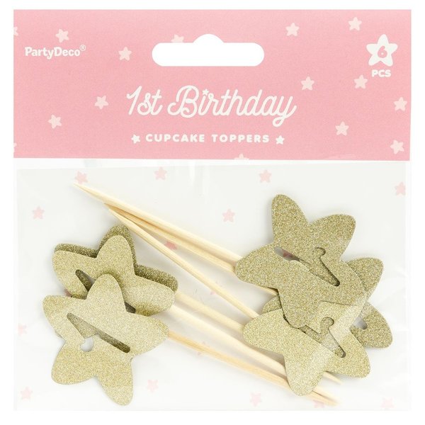 PartyDeco Cupcake Topper 1. Geburtstag - Gold Stern-Set