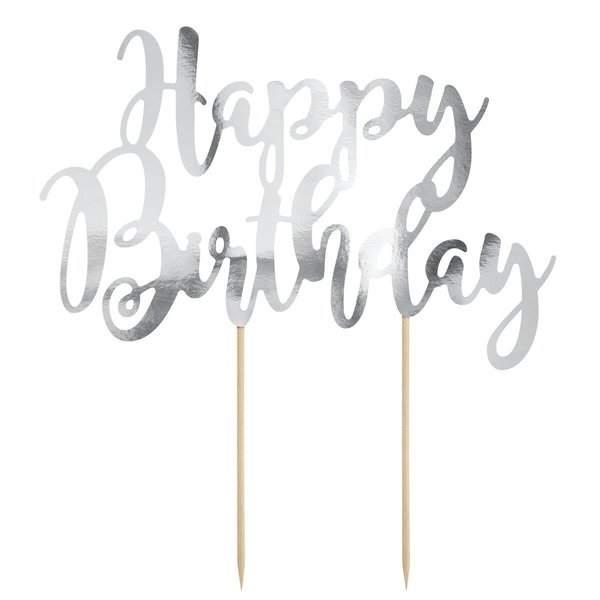 PartyDeco Cake Topper Happy Birthday - Silber  Kuchenaufsatz